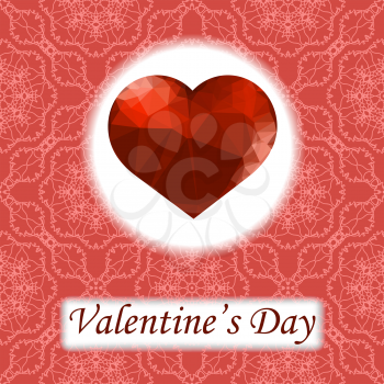 Valentines Day Romantic Greeting Card with Polygonal Heart on Red Ornamental Background.