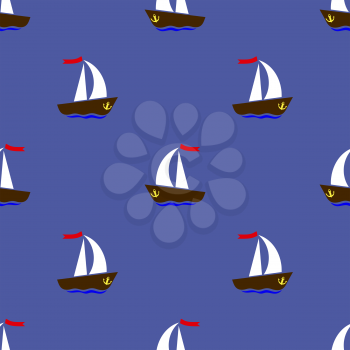 Sea Ships Silhouettes Seamless Pattern 0n Blue Background