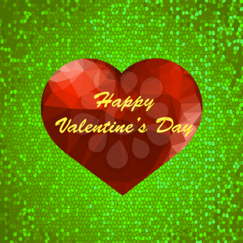 Valentines Day Romantic Banner with Polygonal Heart on Green Mosaic Background.