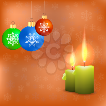 Candles and Colorful Glass Balls Isolated on Orange Snowflakes Background. Winter Pattern.