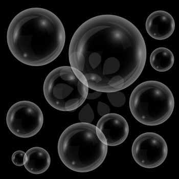 Vector Transparent Soap Bubbles Isolated on Black Background