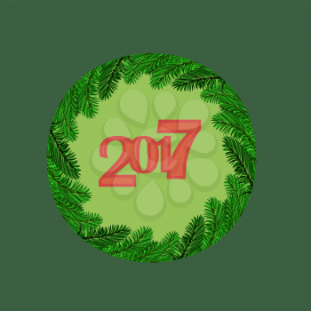 Christmas Round Banner with Fir Branches. 2017 New Year Poster on Green Background