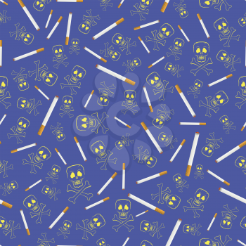 Burning Cigarette and Skull Seamless Pattern on Blue Background