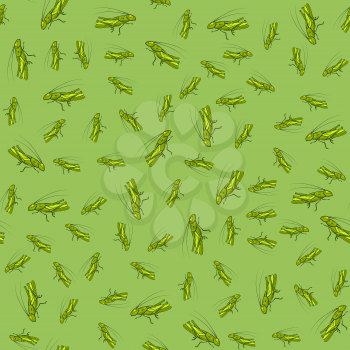 Green Cartoon Grasshoppers Seamless Pattern on Summer Background.