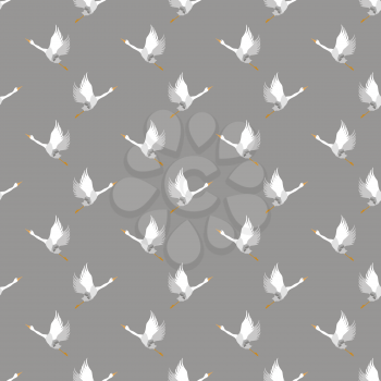 White Geese Seamless Pattern on Grey Background. Animal Bird Texture.