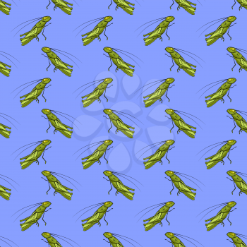 Green Cartoon Grasshoppers Seamless Pattern on Blue Background.
