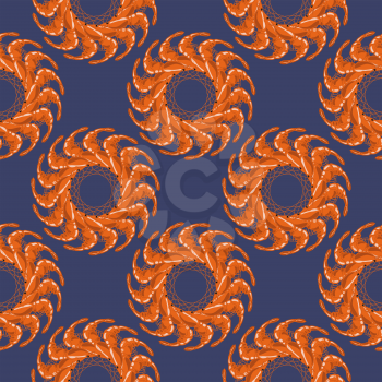 Cooked Red Shrimps Seamless Pattern on Blue Background. Tasty Sea Food.