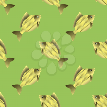 Set of Fish Isolated on Green Background. Carp Seamless Pattern