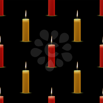 Yellow Red Wax Burning Candles Seamless Pattern on Black Background