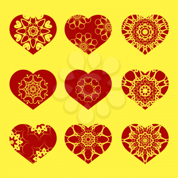 Romantic Red Heart Set Isolated on Yellow Background.  Image Suitable for Laser Cutting. Symbol of Valentines Day.