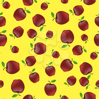 Red Apples with Green Leaves Seamless Pattern on Yellow Background