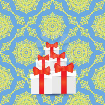 White Paper Boxes with Red Pibbons on Blue Yellow Ornamental Background. Stack of Gift Cardboards