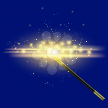 Realistic Magic Wand with Starry Lights on Blue Background