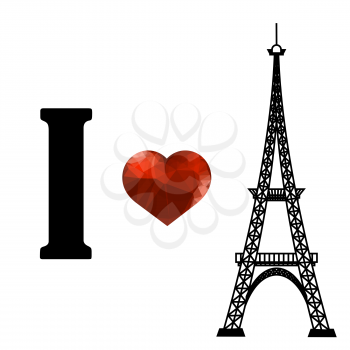 Eiffel Tower Silhouette and Red Polygonal Glass Heart Isolated on White Background