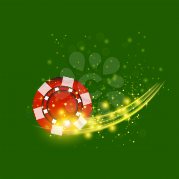 Gambling Plastic Colored Red Chip on Green Cloth Background