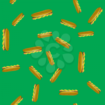 Fresh Hot Dog Seamless Pattern on Green Background. Fastfood with Bun and Grilled Sausage