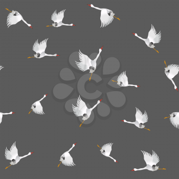 White Geese Seamless Pattern on Grey Background. Animal Bird Texture.