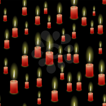 Red Burning Wax Candles Seamless Pattern Isolated on Black Background