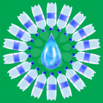 Set of Plastic Water Bottles and Blue Water Drop Isolated on Green Background
