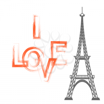 Eiffel Tower Silhouette and I Love You Text Isolated on White Background