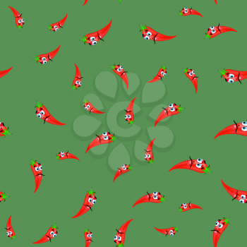 Hot Cartoon Red Peppers Seamless Pattern on Green Background