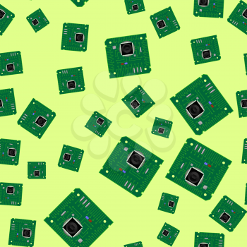 Green Circuit Board Seamless Pattern Isolated on Yellow Background. Part of Computer