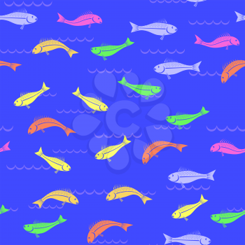 Colored Fish Seamless Pattern Isolated on Blue Background