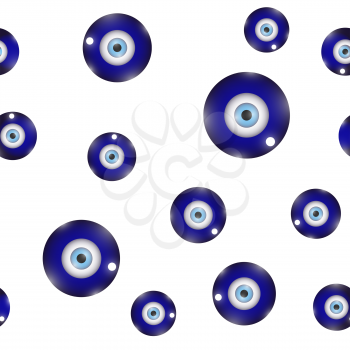 Glass Evil Eye Symbol Seamless Pattern on White Background. Turkish Traditional Amulet. Nazar Protection Talisman. Blue Magic Souvenir
