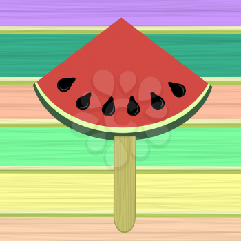 Fresh Slice of Watermelon on Colorful Painted Horizontal Wood Planks Background