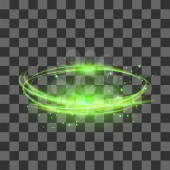 Transparent Light Effect Isolated on Checkered Background. Green Lightning Flafe Design. Gold Glowing Stars. Abstract Ellipse with Circular Lens. Fire Ring Trace