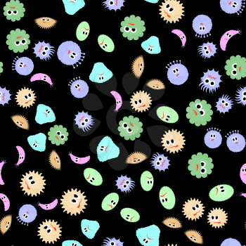 Different Cartoon Microbes Seamless Pattern on Black Background. Pandemic Colored Backteria. Dangerous Bad Viruses. Germs Backterial Mickroorganism. Bacterium Monsters