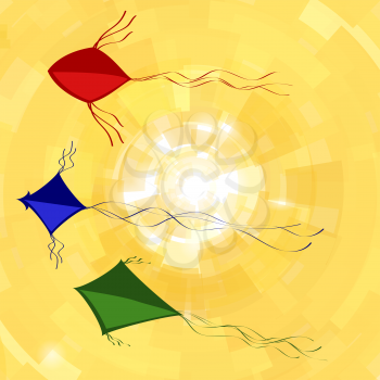 Colored Kites Flying in Sky with Yellow Sun. Freedom Concept. Toy for Children