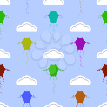 Seamless Pattern. Colored Kites Flying in Blue Sky with Sun and Clouds. Freedom Concept. Toy for Children