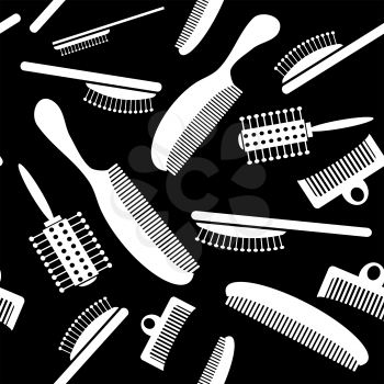 White Plastic Combs Seamless Pattern on Black. Barber Supplies Background.