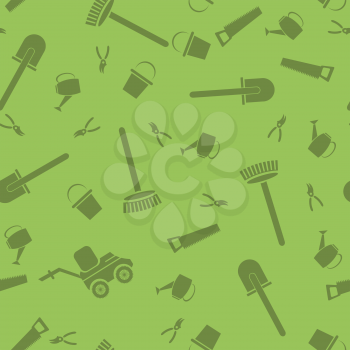 Garden Tools Silhouettes Seamless Pattern Isolated on Green Background