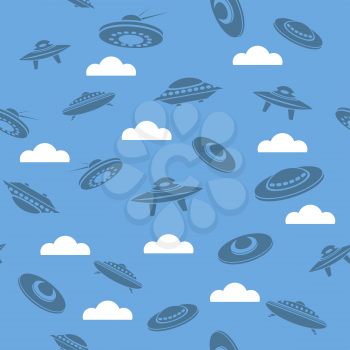 Space Ship Silhouettes Seamless Pattern on Blue Sky Background
