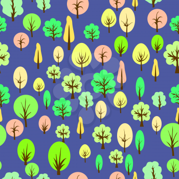Colorful Tree Seamless Pattern on Blue Background