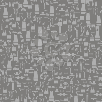 Silhouettes of Different Clothes Isolated on Grey Background. Seamless Pattern