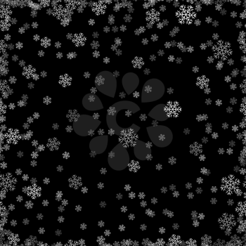 Show Flakes Seamless Pattern on Black Sky Background. Winter Christmas Natural Texture