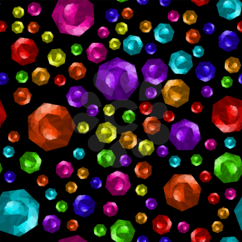 Colored Brilliant Cut Gems Seamless Pattern on Black Background