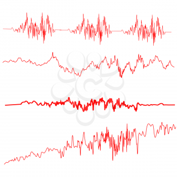Red Sound Waves Set. Screen of Equalizer. Musical Vibration Graph. Radio Wave Amplitude