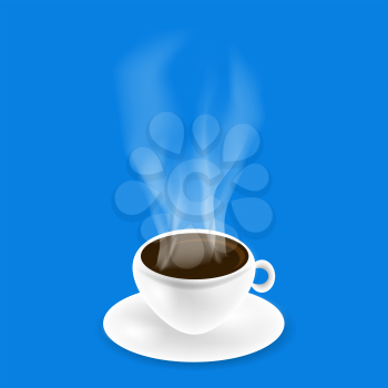 White Cup of Black Natural Coffee on Blue Background.
