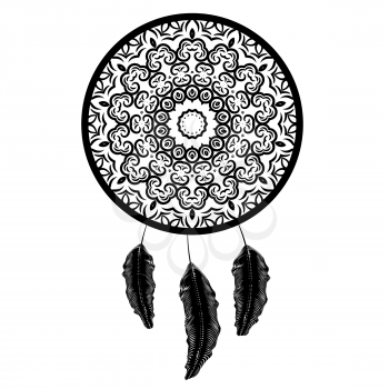 Dream Catcher Silhouette with Feathers Isolated on White Background