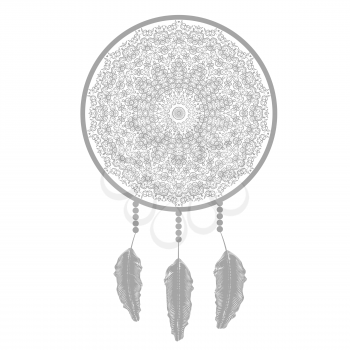 Dream Catcher Silhouette with Feathers Isolated on White Background