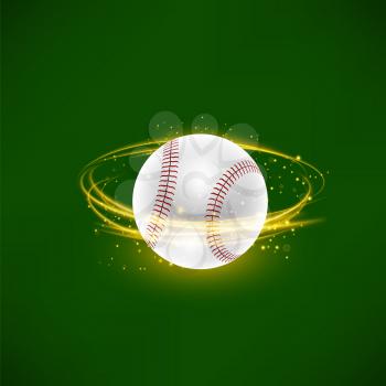 Flying Baseball Ball with Yellow Sparkles Isolated on Green Background