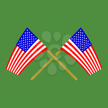 Two Crossed American Flags Isolated on Green Background