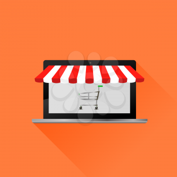 Red White Tent. Open Laptop with Striped Awning Icon Isolated on Orange Background. Online Shopping
