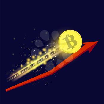 Gold Bitcoin Icon and Red Arrow Isolated on Blue Background