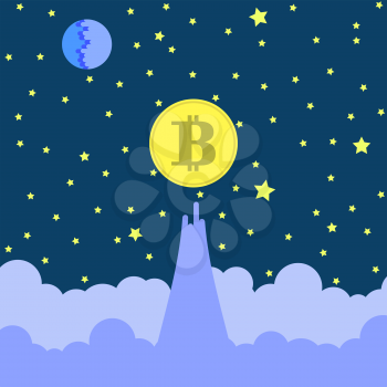 Yellow Bitcoin Icon on Starry Blue Sky Background