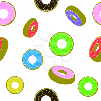 Sweet Glazed Colorful Donut Seamless Pattern on White Background. Fast Food Texture